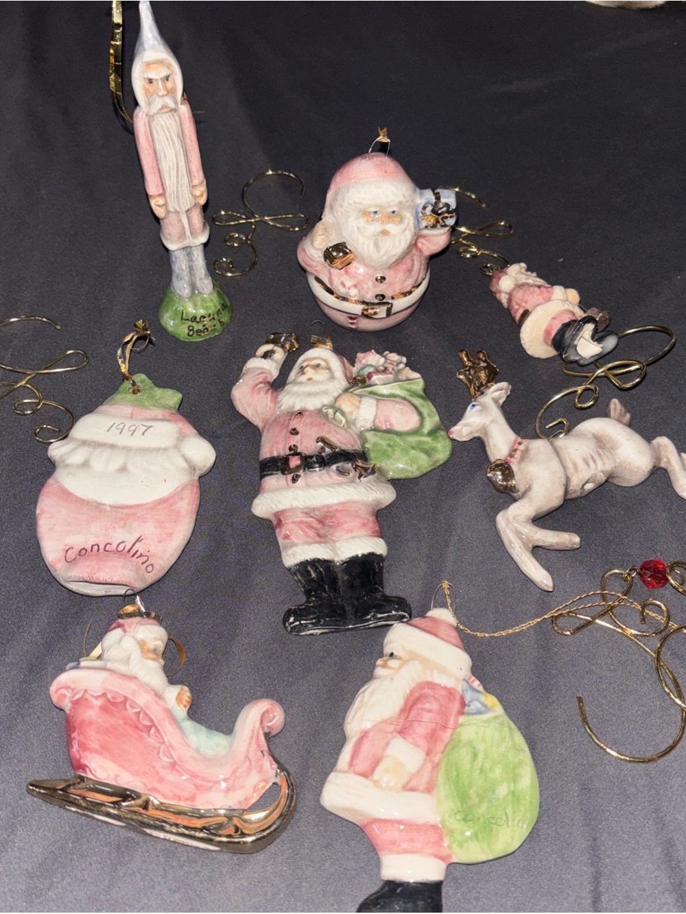 Hand-Painted Pink Santa and Reindeer Ornaments - Set  Vintage Concolino